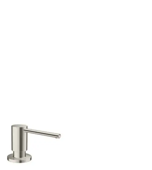 Edelstahlspender von Hansgrohe für Spülmittel oder Lotion mit einer schmalen Ausläufe und runder Base. Gerät in schlichter, funktionaler Form.